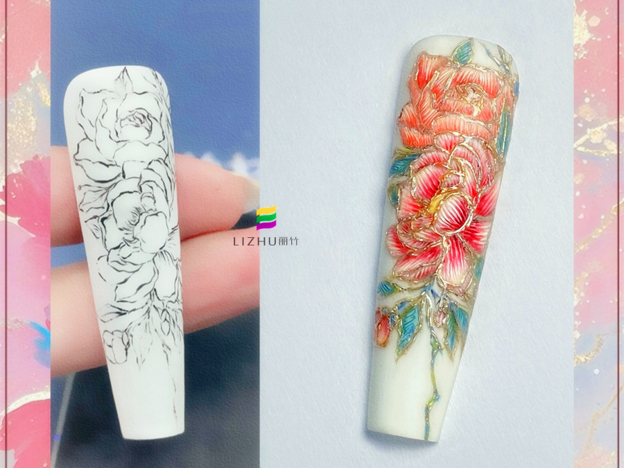 國風(fēng)刺繡牡丹美甲，廣西美甲設(shè)計(jì)學(xué)校作品