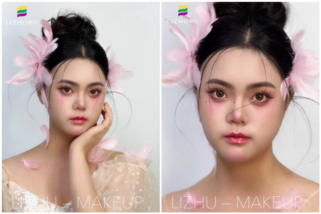 粉色羽毛寫(xiě)真作品，廣西學(xué)化妝操作